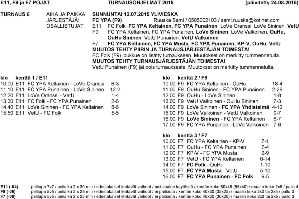 Punainen, VetU Valkoinen F7 FC YPA Keltainen, FC YPA Musta, FC YPA Punainen, KP-V, OuHu, VetU MUUTOS TEHTY PIIRIN JA TURNAUSJÄRJESTÄJÄN TOIMESTA! FC Folk (F9) joukkue on lisätty turnaukseen.