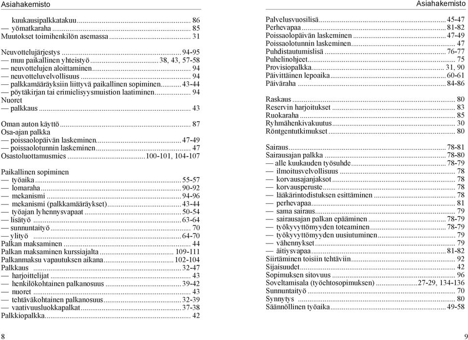 .. 87 Osa-ajan palkka poissaolopäivän laskeminen...47-49 poissaolotunnin laskeminen... 47 Osastoluottamusmies...100-101, 104-107 Paikallinen sopiminen työaika...55-57 lomaraha...90-92 mekanismi.
