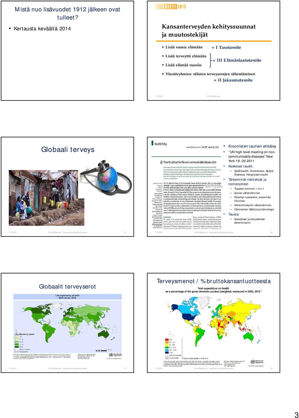 välisten terveyserojen vähentäminen = II Jakaumatavoite Globaali terveys Kroonisten tautien ehkäisy UN high level meeting on noncommunicable diseases New York 19.-20.