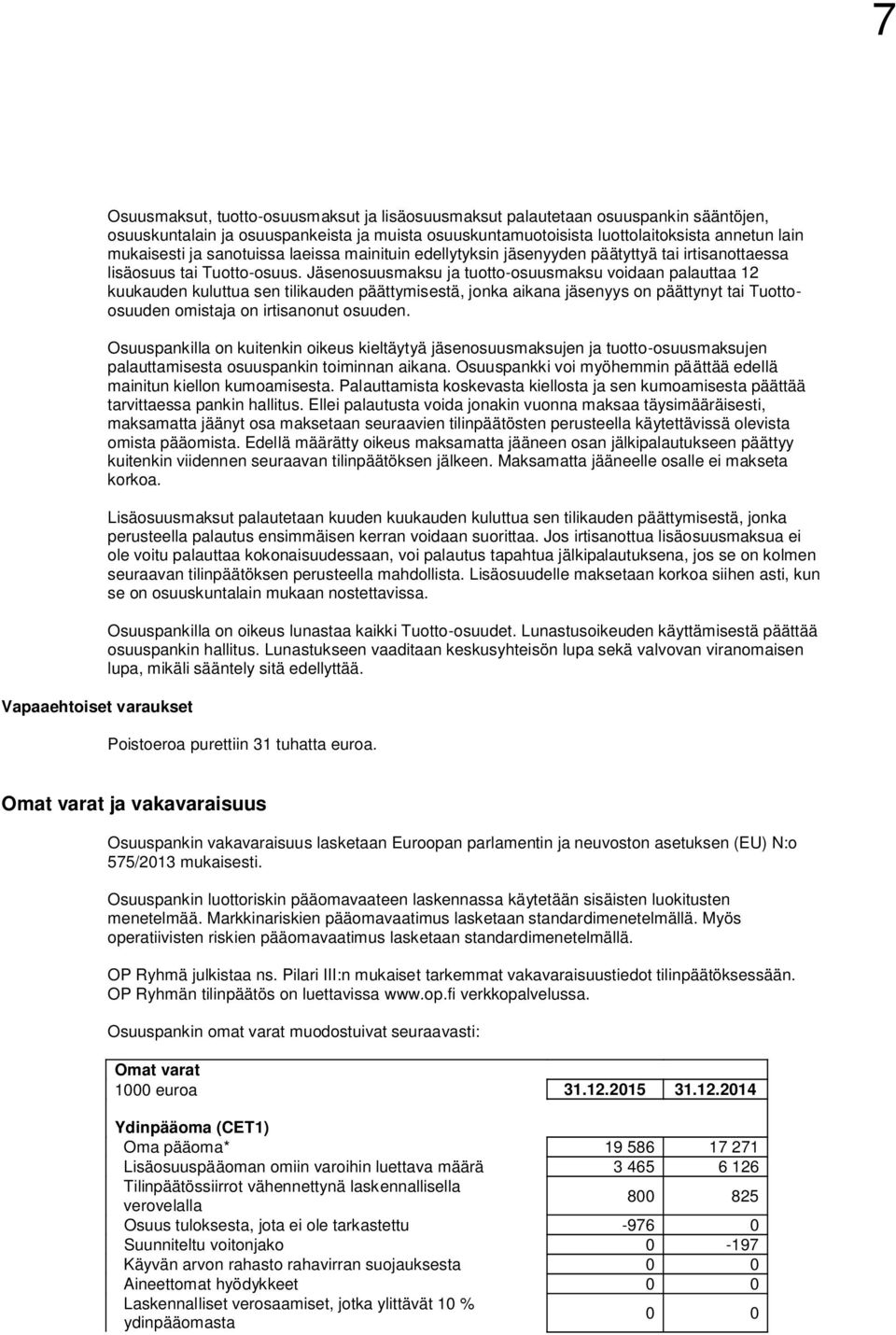 Jäsenosuusmaksu ja tuotto-osuusmaksu voidaan palauttaa 12 kuukauden kuluttua sen tilikauden päättymisestä, jonka aikana jäsenyys on päättynyt tai Tuottoosuuden omistaja on irtisanonut osuuden.