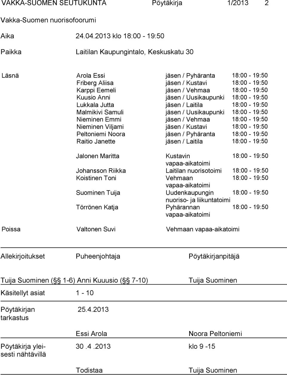 Kuusio Anni jäsen / Uusikaupunki 18:00-19:50 Lukkala Jutta jäsen / Laitila 18:00-19:50 Malmikivi Samuli jäsen / Uusikaupunki 18:00-19:50 Nieminen Emmi jäsen / Vehmaa 18:00-19:50 Nieminen Viljami