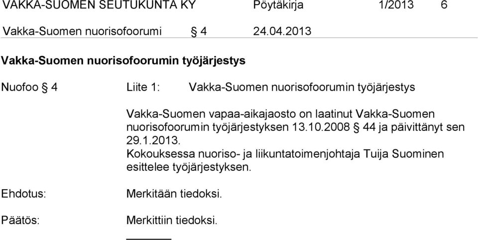 Vakka-Suomen vapaa-aikajaosto on laatinut Vakka-Suomen nuorisofoorumin työjärjestyksen 13.10.