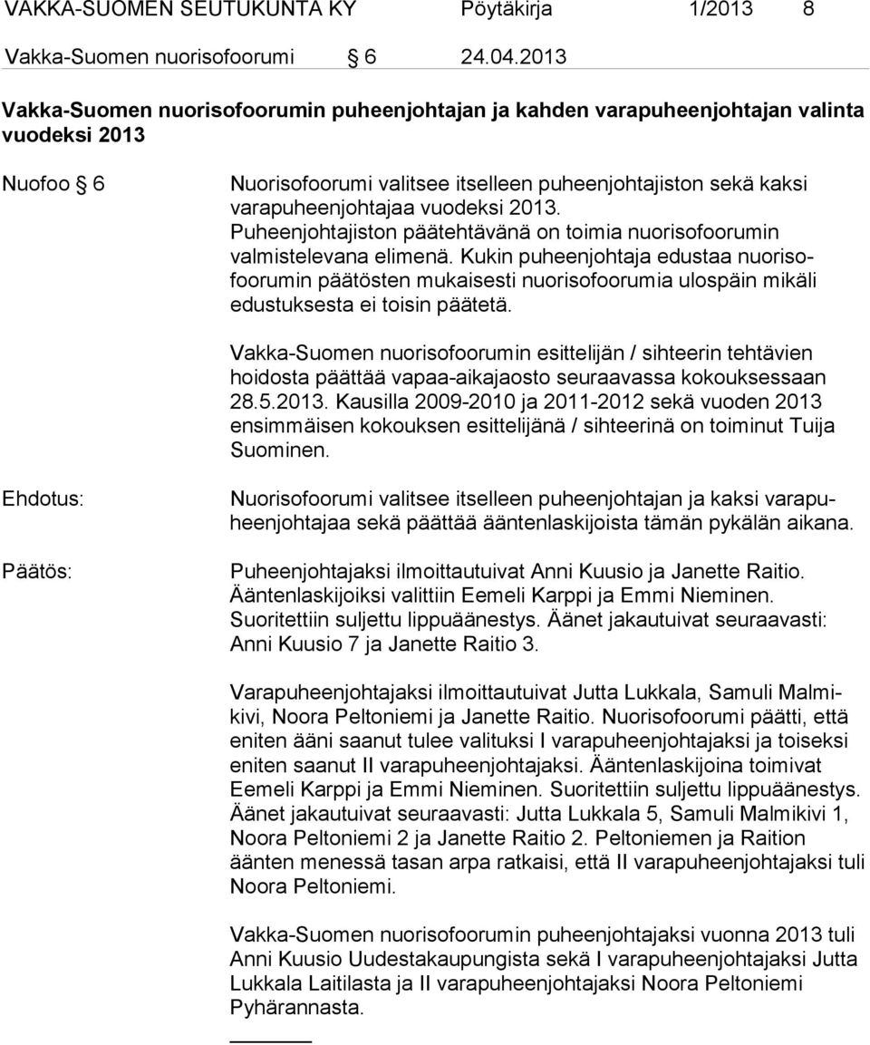 2013. Puheenjohtajiston päätehtävänä on toimia nuorisofoorumin valmistelevana elimenä.