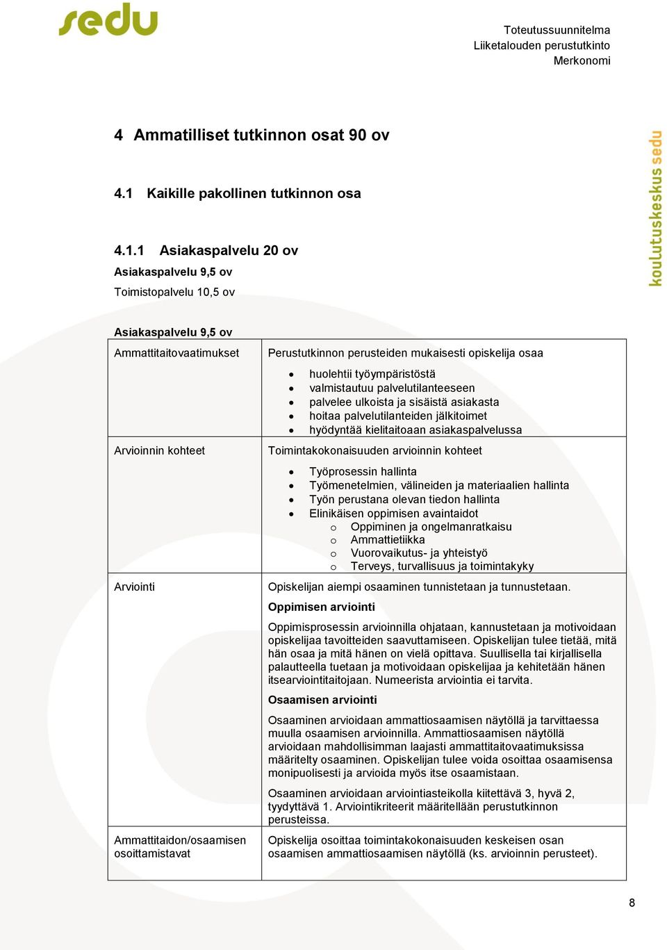 1 Asiakaspalvelu 20 ov Asiakaspalvelu 9,5 ov Toimistopalvelu 10,5 ov Asiakaspalvelu 9,5 ov Ammattitaitovaatimukset Arvioinnin kohteet Arviointi Ammattitaidon/osaamisen osoittamistavat Perustutkinnon