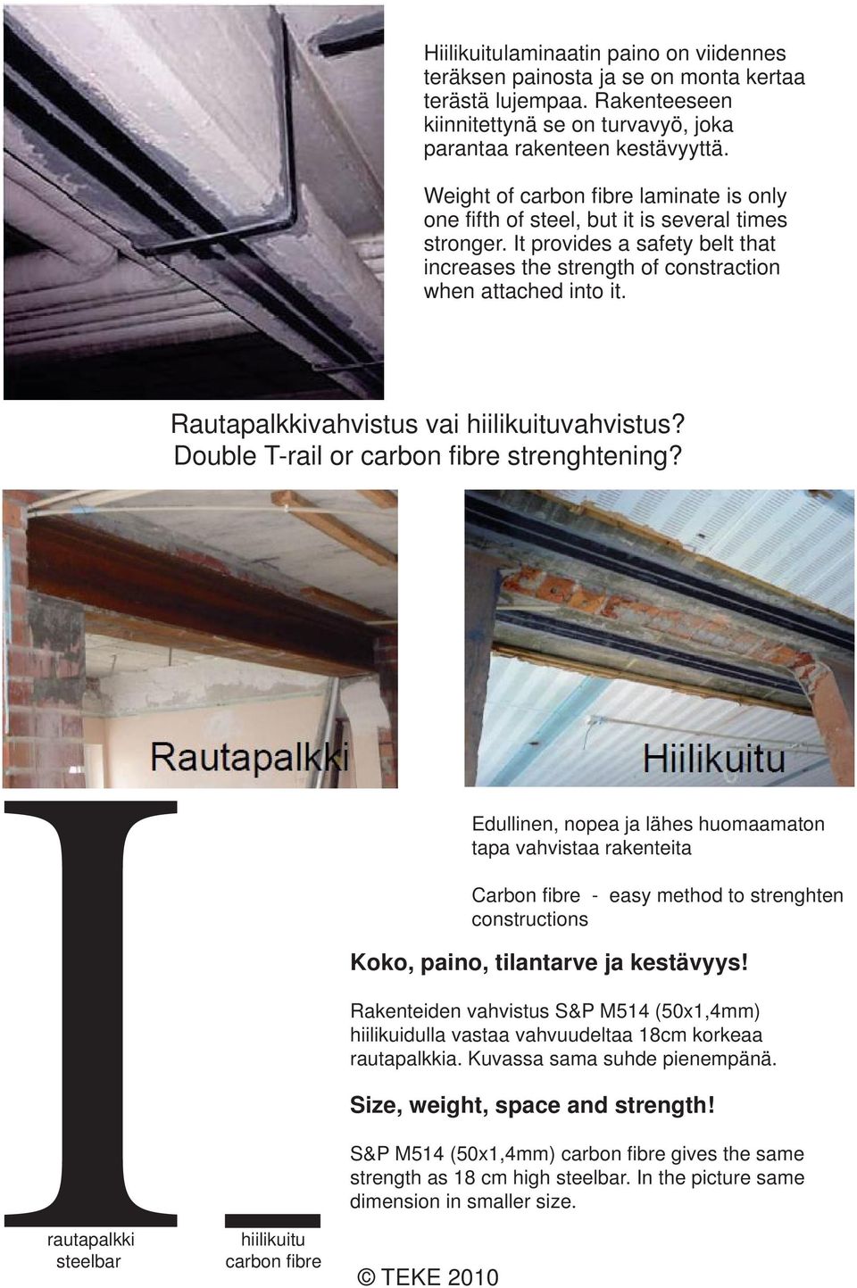 Rautapalkkivahvistus vai hiilikuituvahvistus? Double T-rail or carbon fibre strenghtening?