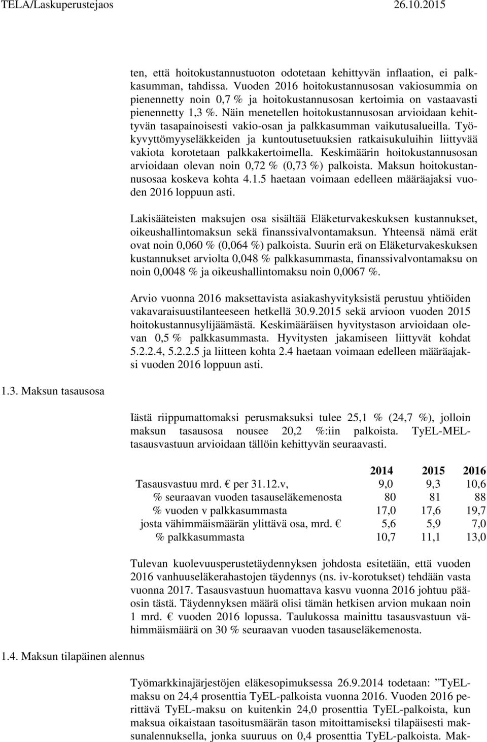 Näin menetellen hoitokustannusosan arvioidaan kehittyvän tasapainoisesti vakio-osan ja palkkasumman vaikutusalueilla.