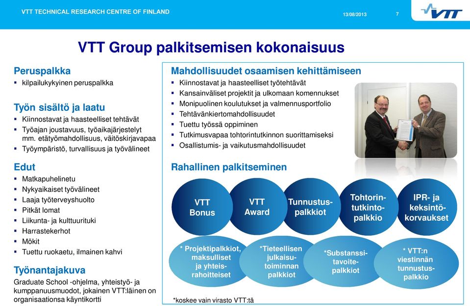 Harrastekerhot Mökit Tuettu ruokaetu, ilmainen kahvi Työnantajakuva Graduate School -ohjelma, yhteistyö- ja kumppanuusmuodot, jokainen VTT:läinen on organisaationsa käyntikortti Mahdollisuudet