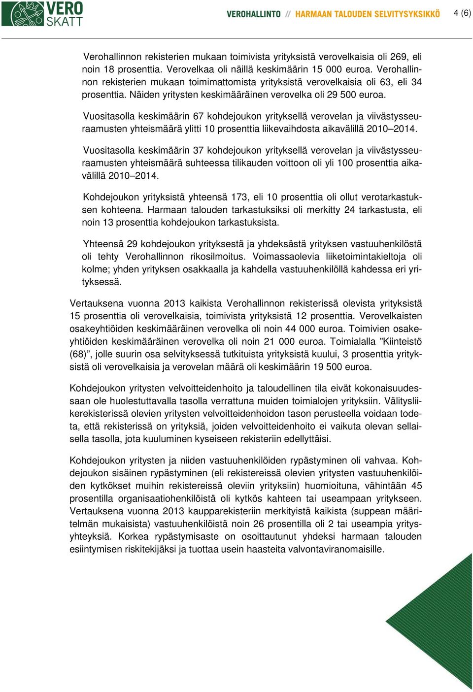 Vuositasolla keskimäärin 67 kohdejoukon yrityksellä verovelan ja viivästysseuraamusten yhteismäärä ylitti 10 prosenttia liikevaihdosta aikavälillä 2010 2014.