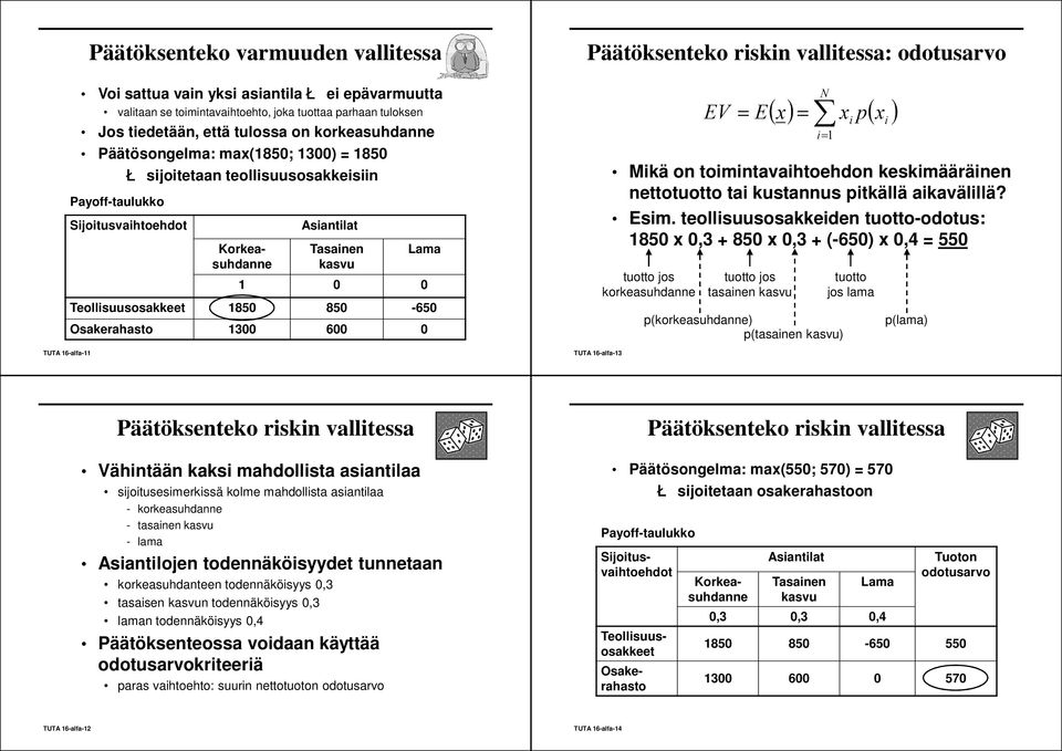 toimintavaihtoehdon keskimääräinen nettotuotto tai kustannus pitkällä aikavälillä? Esim.