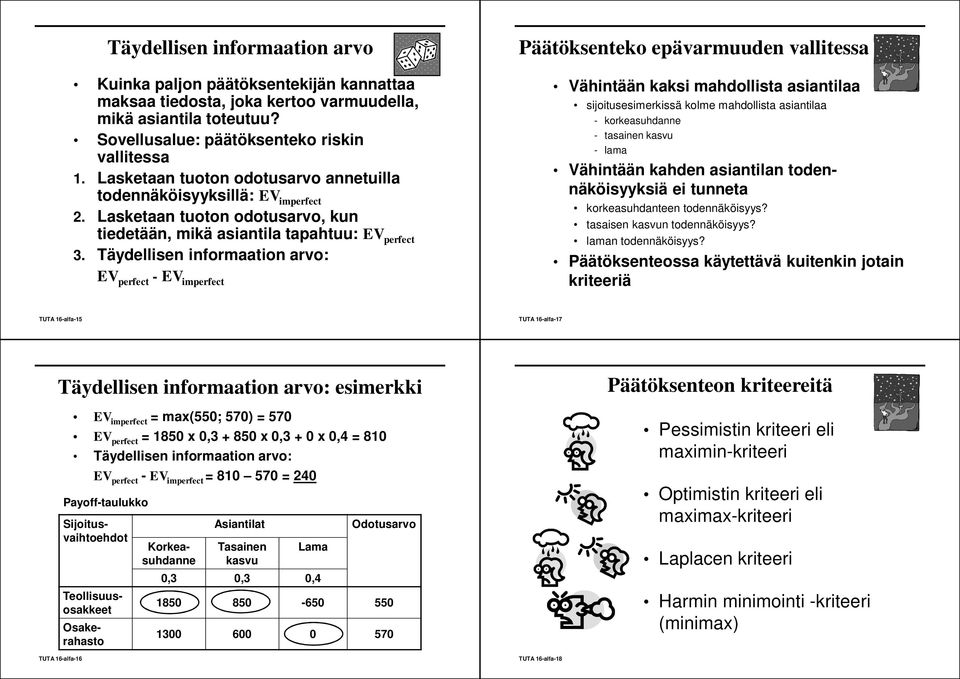 Täydellisen informaation arvo: EV perfect - EV imperfect Päätöksenteko epävarmuuden vallitessa Vähintään kaksi mahdollista asiantilaa sijoitusesimerkissä kolme mahdollista asiantilaa - korkeasuhdanne