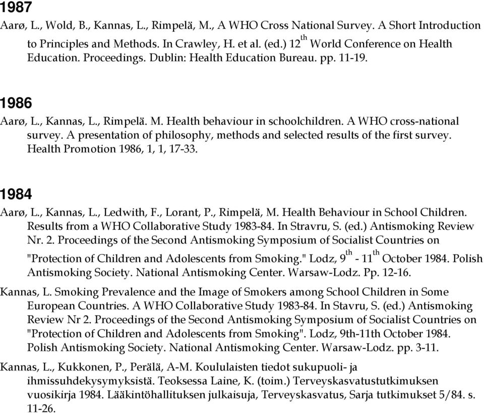 A presentation of philosophy, methods and selected results of the first survey. Health Promotion 1986, 1, 1, 17-33. 1984 Aarø, L., Kannas, L., Ledwith, F., Lorant, P., Rimpelä, M.