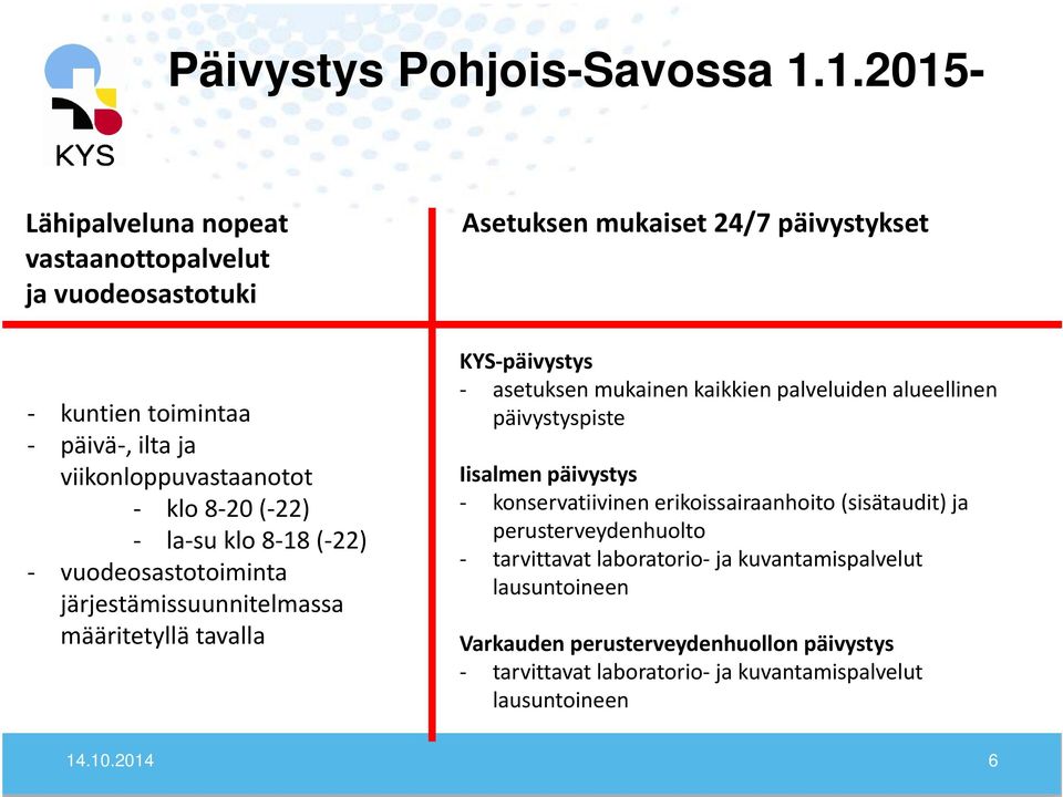 vuodeosastotoiminta järjestämissuunnitelmassa määritetyllä tavalla Asetuksen mukaiset 24/7 päivystykset KYS päivystys asetuksen mukainen kaikkien palveluiden