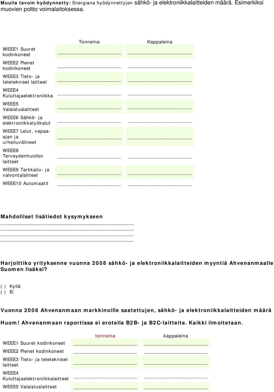 Mahdolliset lisätiedot kysymykseen Harjoittiko yrityksenne vuonna 2008 sähkö- ja elektroniikkalaitteiden myyntiä Ahvenanmaalle Suomen lisäksi?