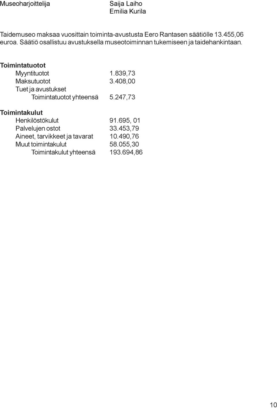 839,73 Maksutuotot 3.408,00 Tuet ja avustukset Toimintatuotot yhteensä 5.247,73 Toimintakulut Henkilöstökulut 91.