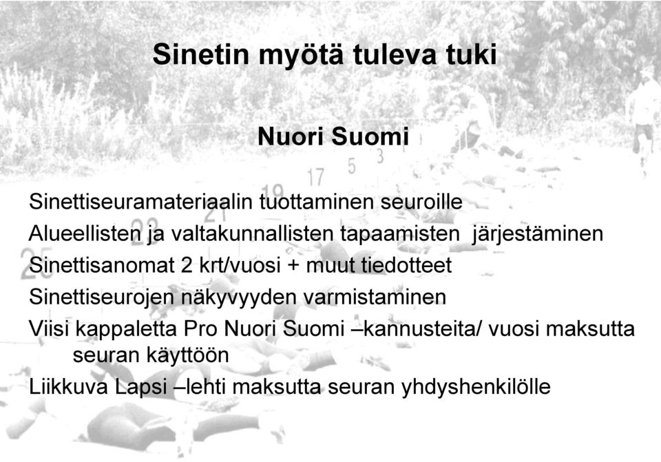 muut tiedotteet Sinettiseurojen näkyvyyden varmistaminen Viisi kappaletta Pro Nuori Suomi