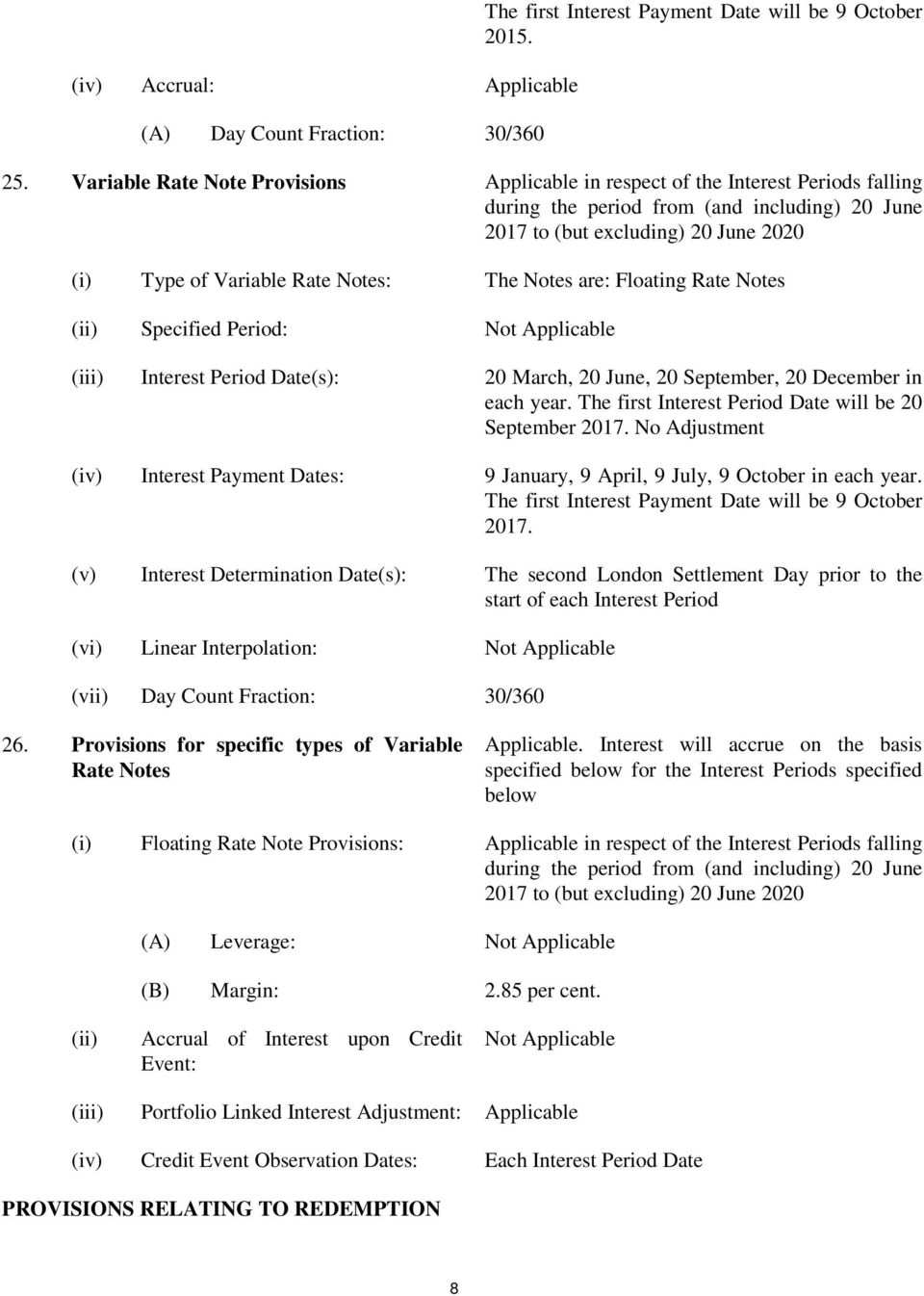 Notes: The Notes are: Floating Rate Notes (ii) Specified Period: (iii) Interest Period Date(s): 20 March, 20 June, 20 September, 20 December in each year.