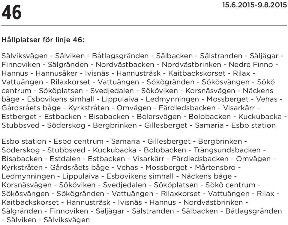 - Näckens båge - Esbovikens simhall - Lippulaiva - Ledmynningen - Mossberget - Vehas - Gårdsråets båge - Kyrkstråten - Omvägen - Färdledsbacken - Visarkärr - Estberget - Estbacken - Bisabacken -