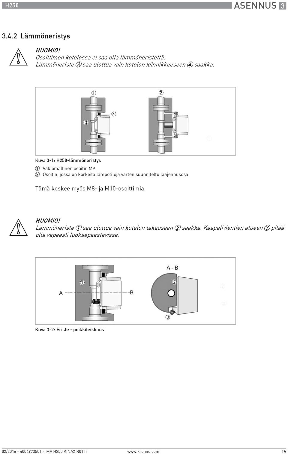 Kuva 3-1: H250-lämmöneristys 1 Vakiomallinen osoitin M9 2 Osoitin, jossa on korkeita lämpötiloja varten suunniteltu