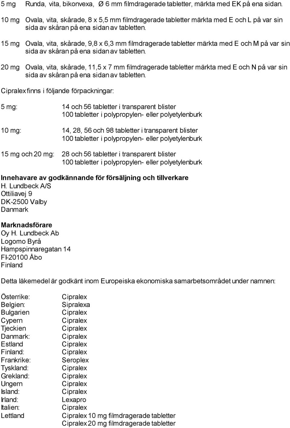 15 mg Ovala, vita, skårade, 9,8 x 6,3 mm filmdragerade tabletter märkta med E och M på var sin sida av skåran på ena sidan av tabletten.