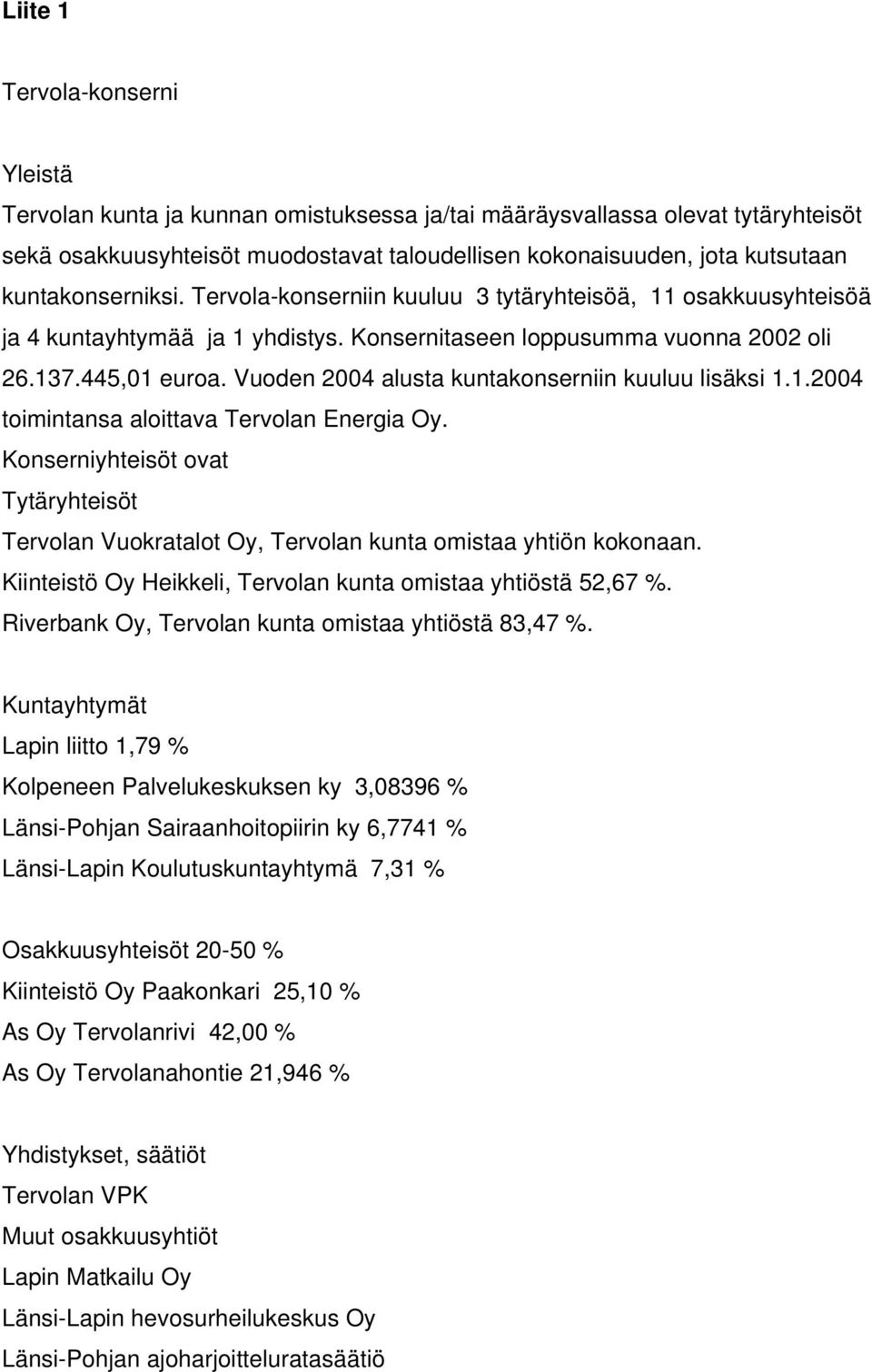 Vuoden 2004 alusta kuntakonserniin kuuluu lisäksi 1.1.2004 toimintansa aloittava Tervolan Energia Oy.
