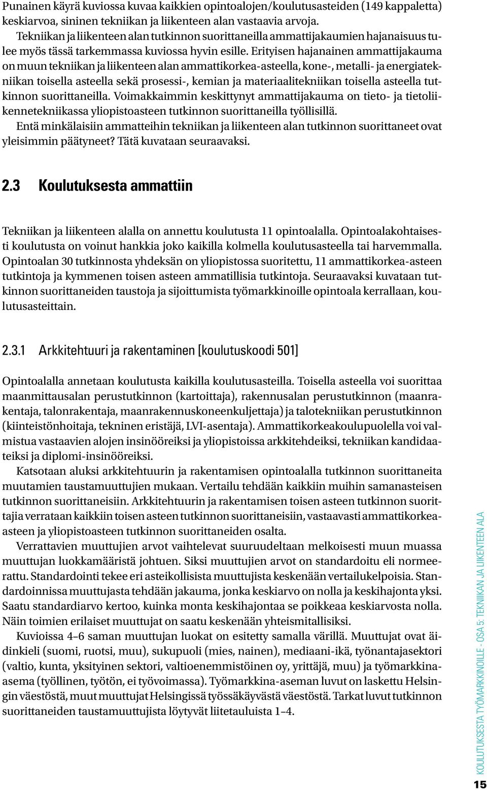 Erityisen hajanainen ammattijakauma on muun tekniikan ja liikenteen alan ammattikorkea-asteella, kone-, metalli- ja energiatekniikan toisella asteella sekä prosessi-, kemian ja materiaalitekniikan