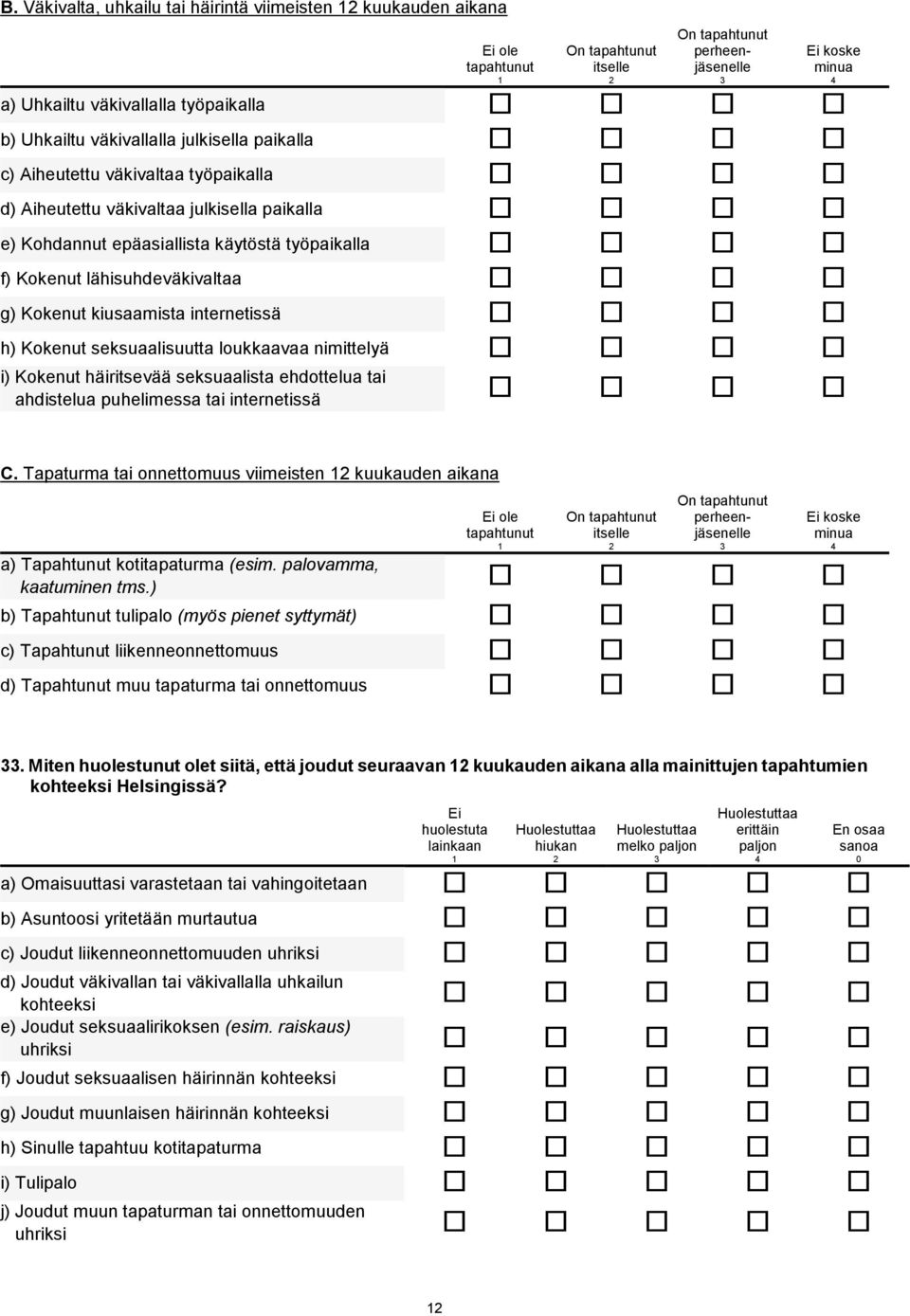 Kokenut kiusaamista internetissä h) Kokenut seksuaalisuutta loukkaavaa nimittelyä i) Kokenut häiritsevää seksuaalista ehdottelua tai ahdistelua puhelimessa tai internetissä C.