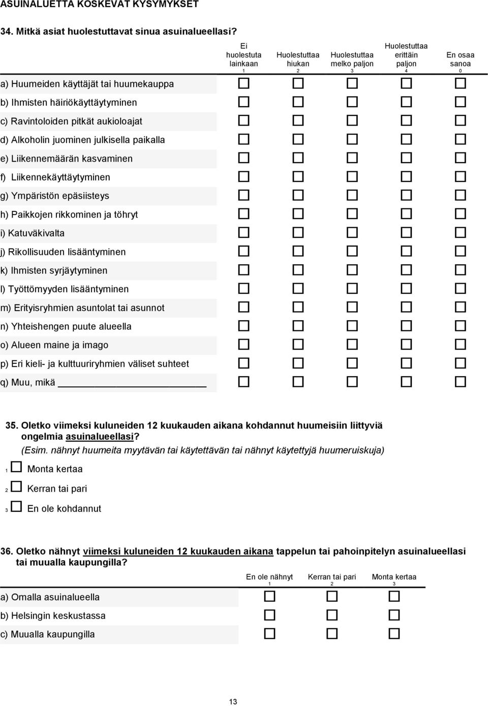 aukioloajat d) Alkoholin juominen julkisella paikalla e) Liikennemäärän kasvaminen f) Liikennekäyttäytyminen g) Ympäristön epäsiisteys h) Paikkojen rikkominen ja töhryt i) Katuväkivalta j)