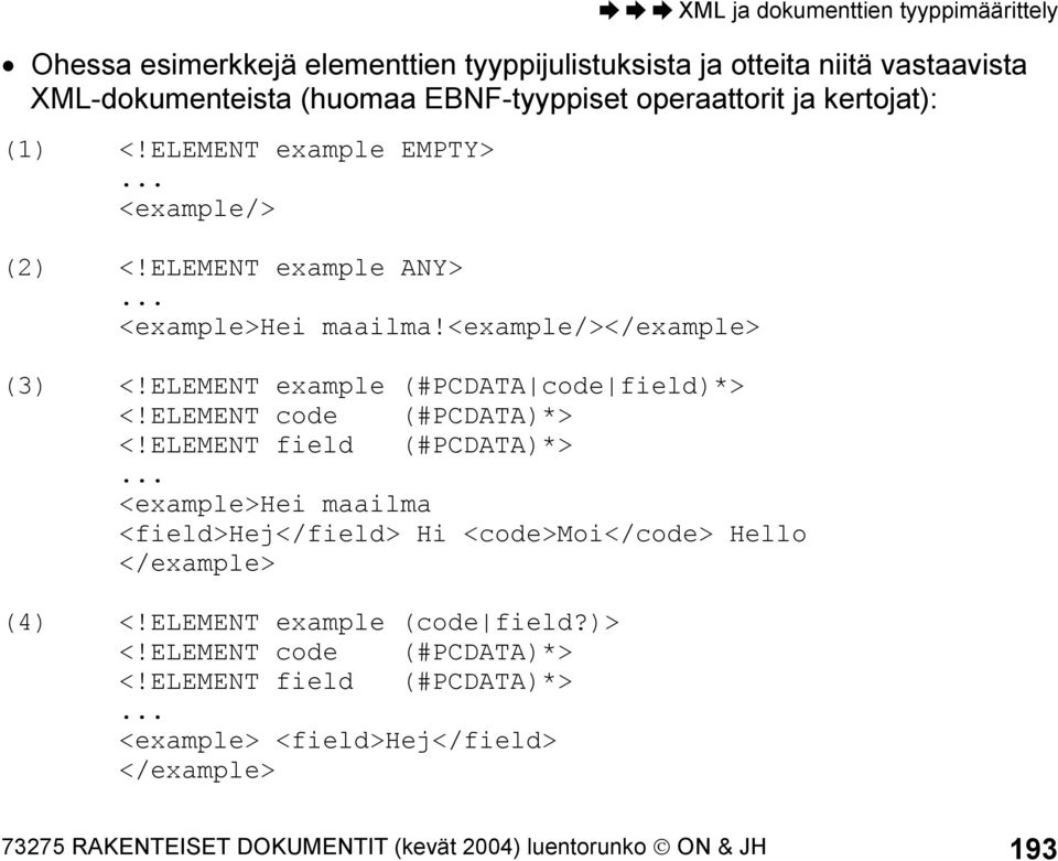ELEMENT code (#PCDATA)*> <!ELEMENT field (#PCDATA)*>... <example>hei maailma <field>hej</field> Hi <code>moi</code> Hello </example> (4) <!