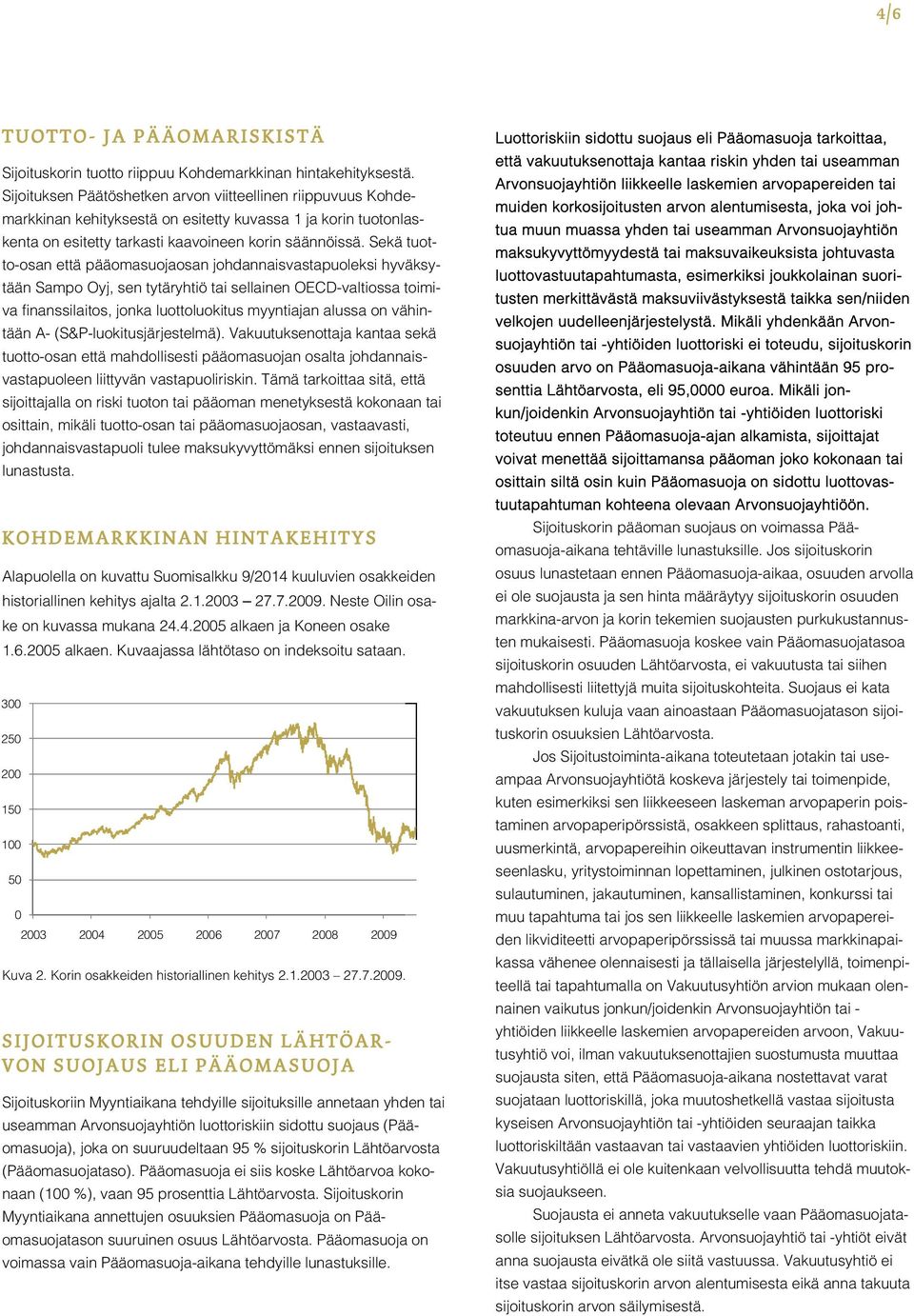 Sekä tuotto-osan että pääomasuojaosan johdannaisvastapuoleksi hyväksytään Sampo Oyj, sen tytäryhtiö tai sellainen OECD-valtiossa toimiva finanssilaitos, jonka luottoluokitus myyntiajan alussa on