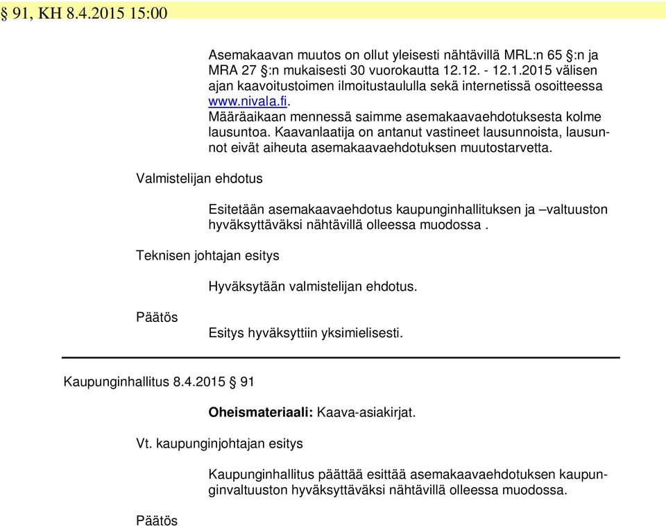 Esitetään asemakaavaehdotus kaupunginhallituksen ja valtuuston hyväksyttäväksi nähtävillä olleessa muodossa. Teknisen johtajan esitys Kaupunginhallitus 8.4.