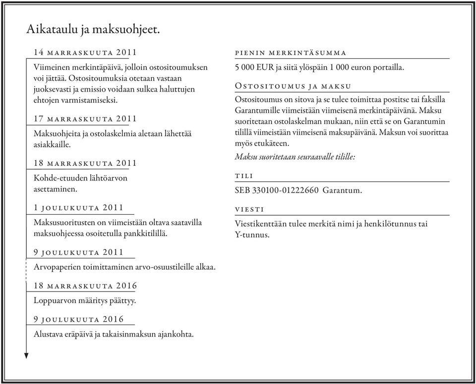 18 marraskuuta 2011 Kohde-etuuden lähtöarvon asettaminen. 1 joulukuuta 2011 Maksusuoritusten on viimeistään oltava saatavilla maksuohjeessa osoitetulla pankkitilillä.