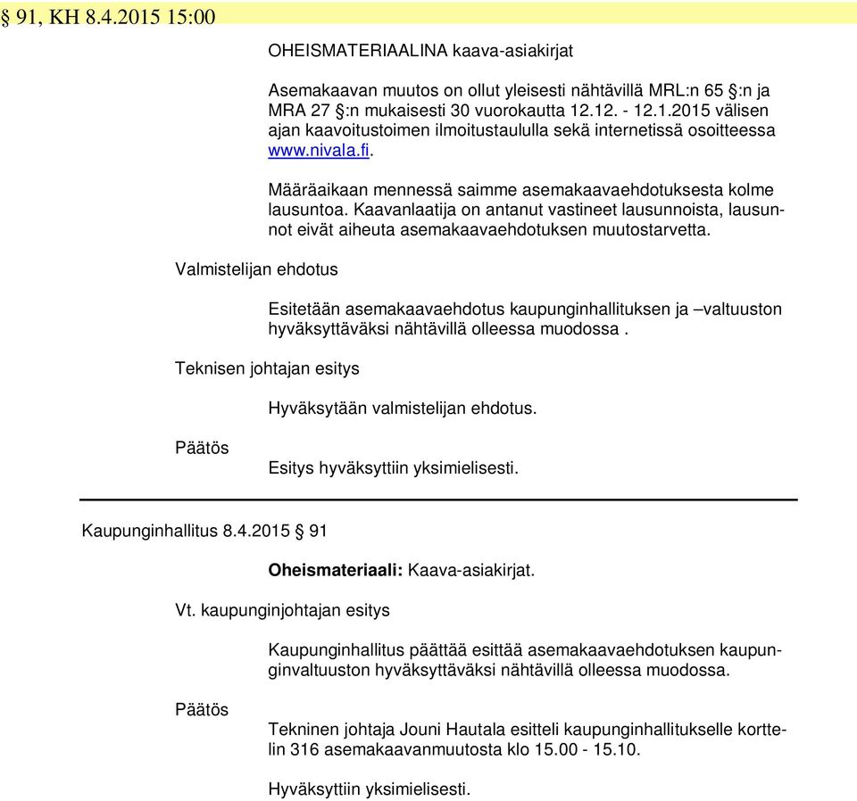 Esitetään asemakaavaehdotus kaupunginhallituksen ja valtuuston hyväksyttäväksi nähtävillä olleessa muodossa. Teknisen johtajan esitys Hyväksytään valmistelijan ehdotus.