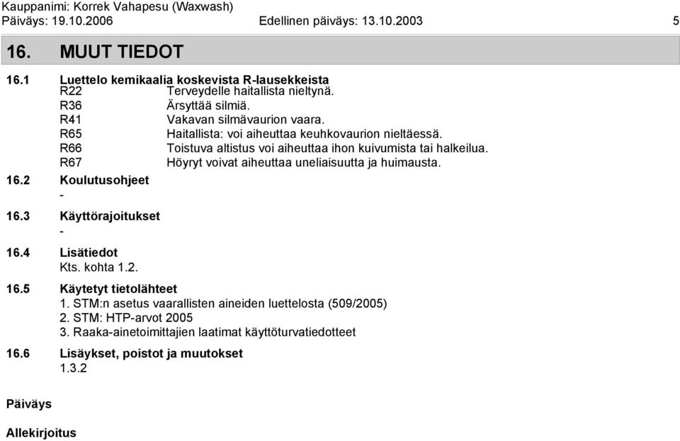 R66 R67 Höyryt voivat aiheuttaa uneliaisuutta ja huimausta. 16.2 Koulutusohjeet 16.3 Käyttörajoitukset 16.4 Lisätiedot Kts. kohta 1.2. 16.5 Käytetyt tietolähteet 1.