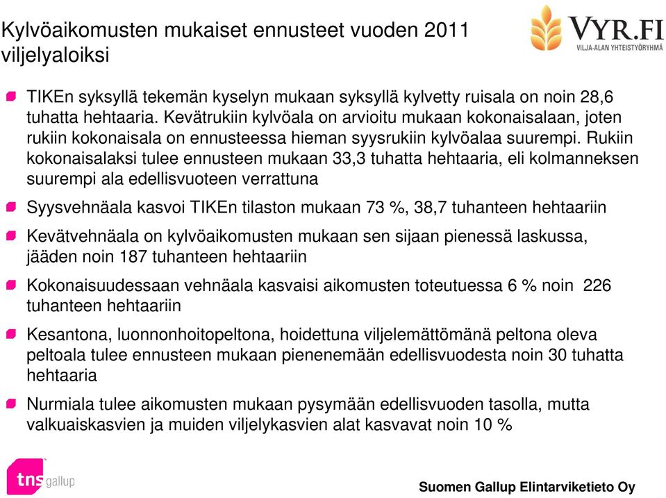 Rukiin kokonaisalaksi tulee ennusteen mukaan 33,3 tuhatta hehtaaria, eli kolmanneksen suurempi ala edellisvuoteen verrattuna Syysvehnäala kasvoi TIKEn tilaston mukaan 73 %, 38,7 tuhanteen hehtaariin