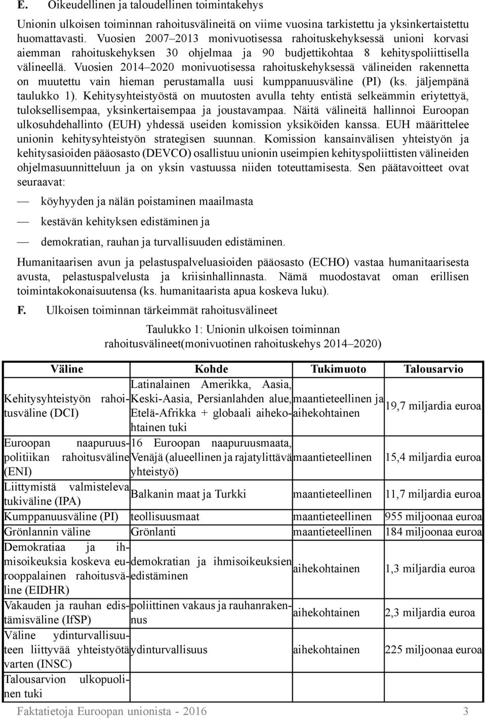 Vuosien 2014 2020 monivuotisessa rahoituskehyksessä välineiden rakennetta on muutettu vain hieman perustamalla uusi kumppanuusväline (PI) (ks. jäljempänä taulukko 1).