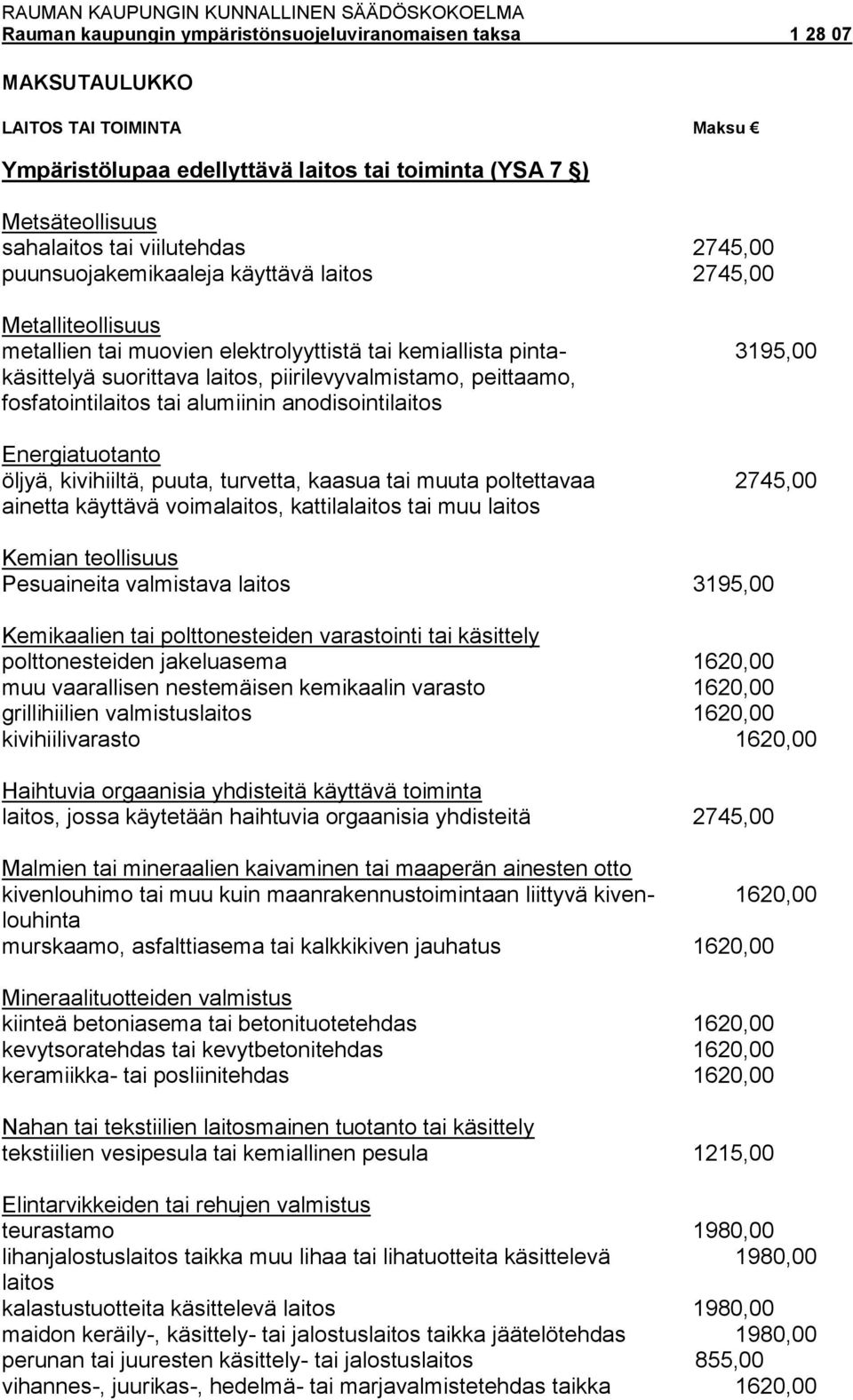 Energiatuotanto öljyä, kivihiiltä, puuta, turvetta, kaasua tai muuta poltettavaa 2745,00 ainetta käyttävä voimalaitos, kattilalaitos tai muu laitos Kemian teollisuus Pesuaineita valmistava laitos