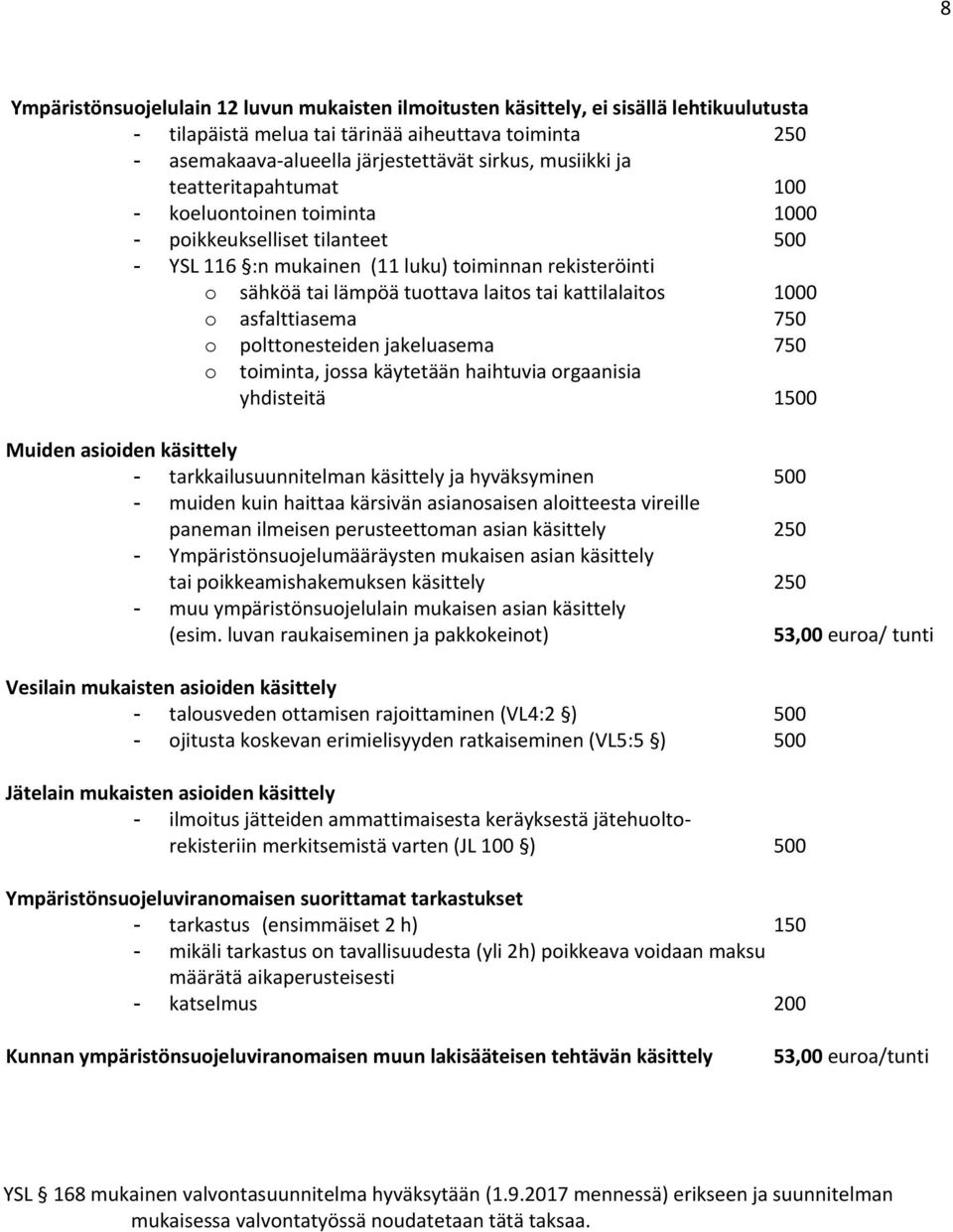 kattilalaitos 1000 o asfalttiasema 750 o polttonesteiden jakeluasema 750 o toiminta, jossa käytetään haihtuvia orgaanisia yhdisteitä 1500 Muiden asioiden käsittely - tarkkailusuunnitelman käsittely