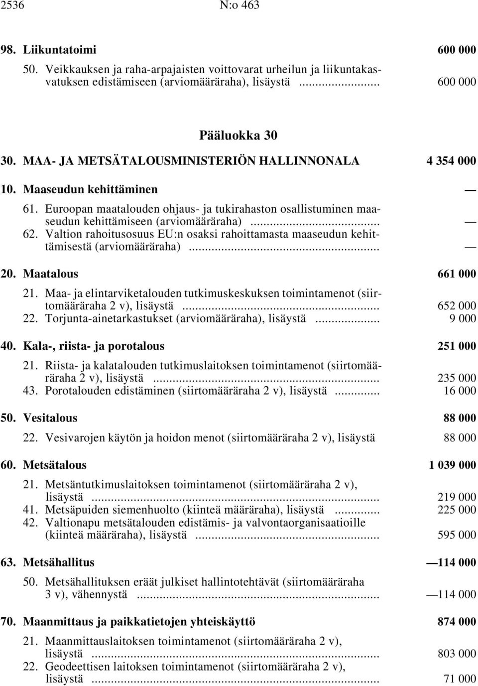 Valtion rahoitusosuus EU:n osaksi rahoittamasta maaseudun kehittämisestä (arviomääräraha) i... 20. Maatalous i 661 000 21.