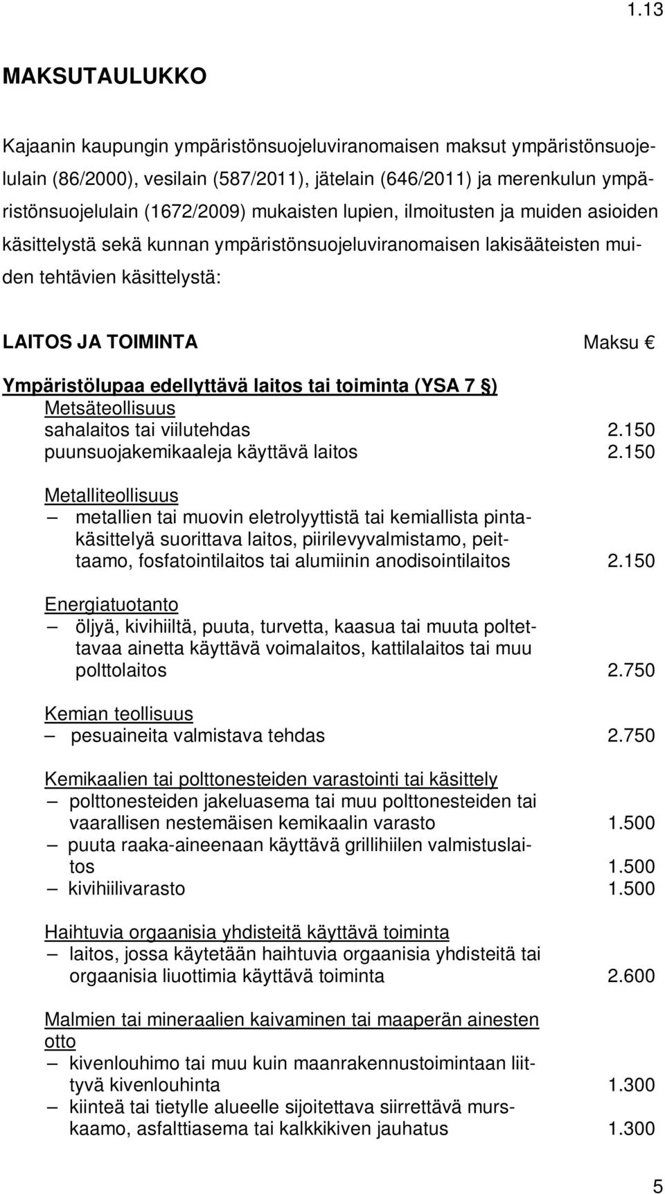 edellyttävä laitos tai toiminta (YSA 7 ) Metsäteollisuus sahalaitos tai viilutehdas 2.150 puunsuojakemikaaleja käyttävä laitos 2.