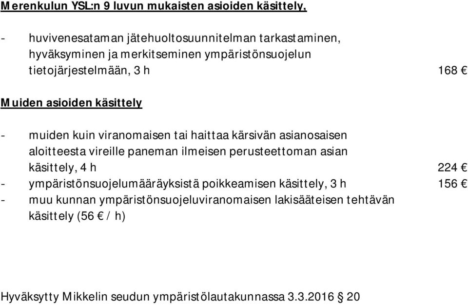 aloitteesta vireille paneman ilmeisen perusteettoman asian käsittely, 4 h 224 - ympäristönsuojelumääräyksistä poikkeamisen käsittely, 3 h