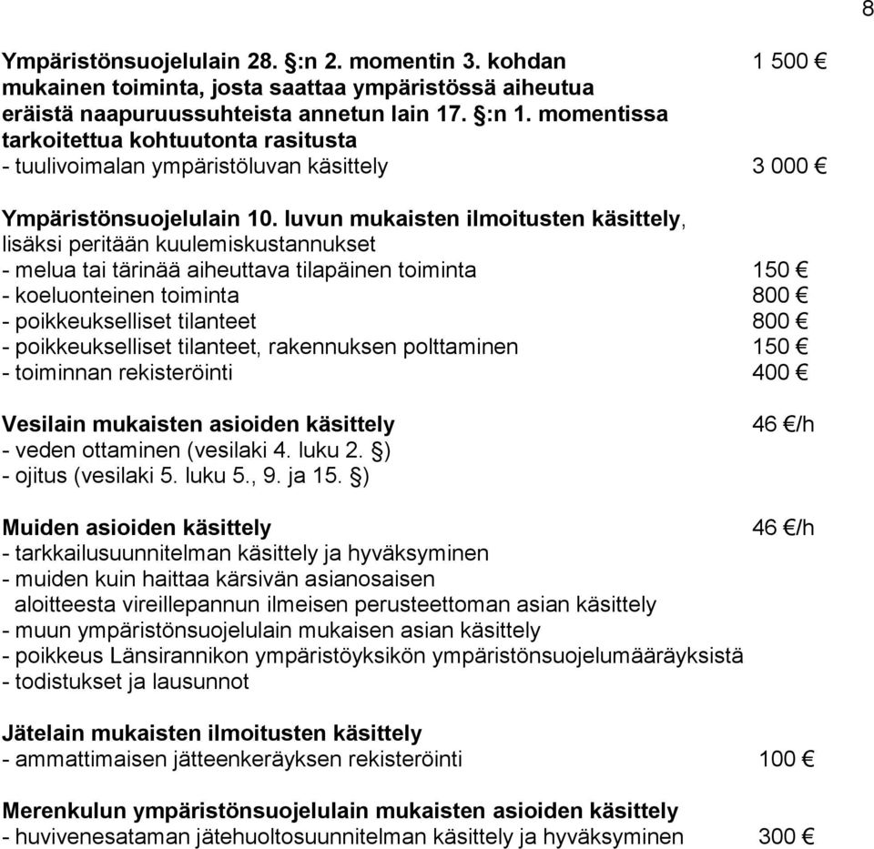 luvun mukaisten ilmoitusten käsittely, lisäksi peritään kuulemiskustannukset - melua tai tärinää aiheuttava tilapäinen toiminta 150 - koeluonteinen toiminta 800 - poikkeukselliset tilanteet 800 -