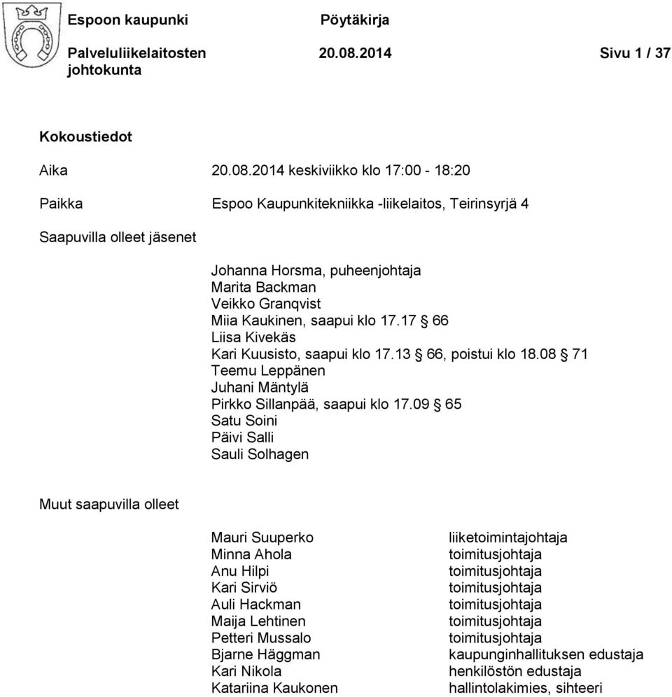 2014 keskiviikko klo 17:00-18:20 Paikka Espoo Kaupunkitekniikka -liikelaitos, Teirinsyrjä 4 Saapuvilla olleet jäsenet Johanna Horsma, puheenjohtaja Marita Backman Veikko Granqvist Miia Kaukinen,