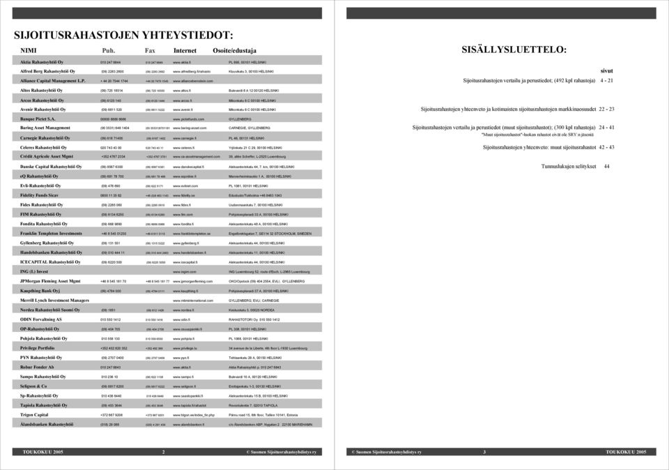 alliancebernstein.com SISÄLLYSLUETTELO: sivut Sijoitusrahastojen vertailu ja perustiedot; (492 kpl rahastoja) 4-21 Altos Rahastoyhtiö Oy (09) 725 18514 (09) 725 18555 www.altos.