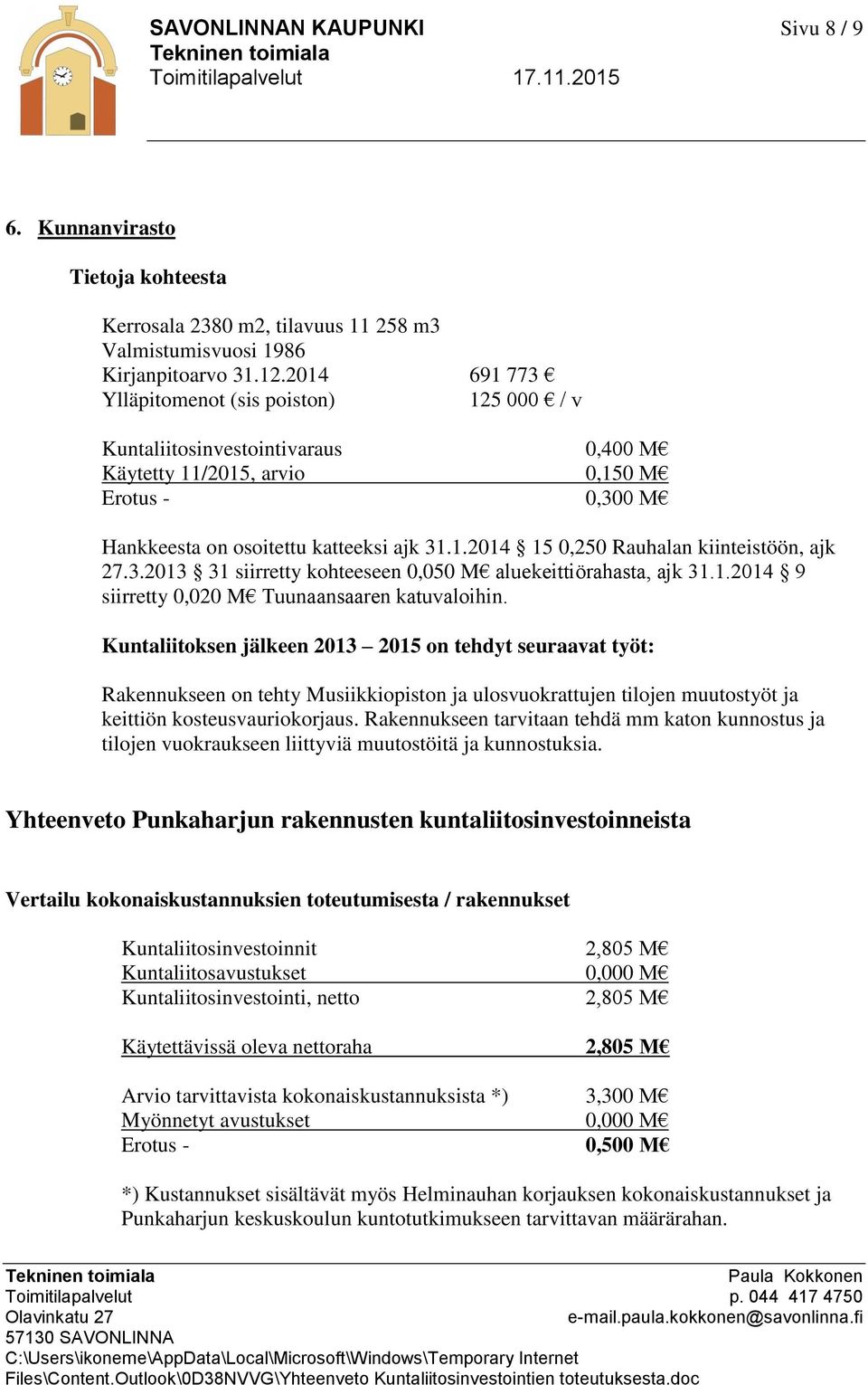 1.2014 9 siirretty 0,020 M Tuunaansaaren katuvaloihin. Rakennukseen on tehty Musiikkiopiston ja ulosvuokrattujen tilojen muutostyöt ja keittiön kosteusvauriokorjaus.