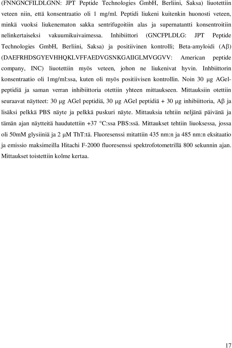 Inhibiittori (GNCFPLDLG: JPT Peptide Technologies GmbH, Berliini, Saksa) ja positiivinen kontrolli; Beta-amyloidi (A ) (DAEFRHDSGYEVHHQKLVFFAEDVGSNKGAIIGLMVGGVV: American peptide company, INC)