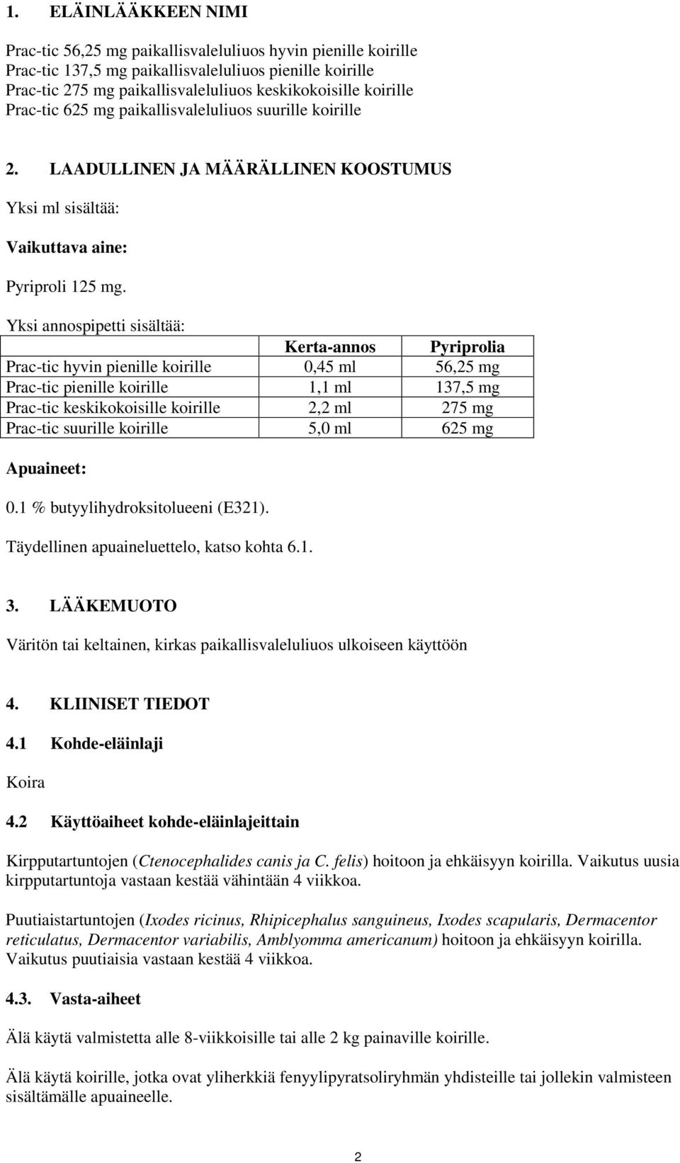Yksi annospipetti sisältää: Kerta-annos Pyriprolia Prac-tic hyvin pienille koirille 0,45 ml 56,25 mg Prac-tic pienille koirille 1,1 ml 137,5 mg Prac-tic keskikokoisille koirille 2,2 ml 275 mg