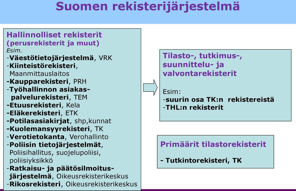 ETK -Potilasasiakirjat, shp,kunnat -Kuolemansyyrekisteri, TK -Verotietokanta, Verohallinto -Poliisin tietojärjestelmät, Poliisihallitus, suojelupoliisi, poliisiyksikkö