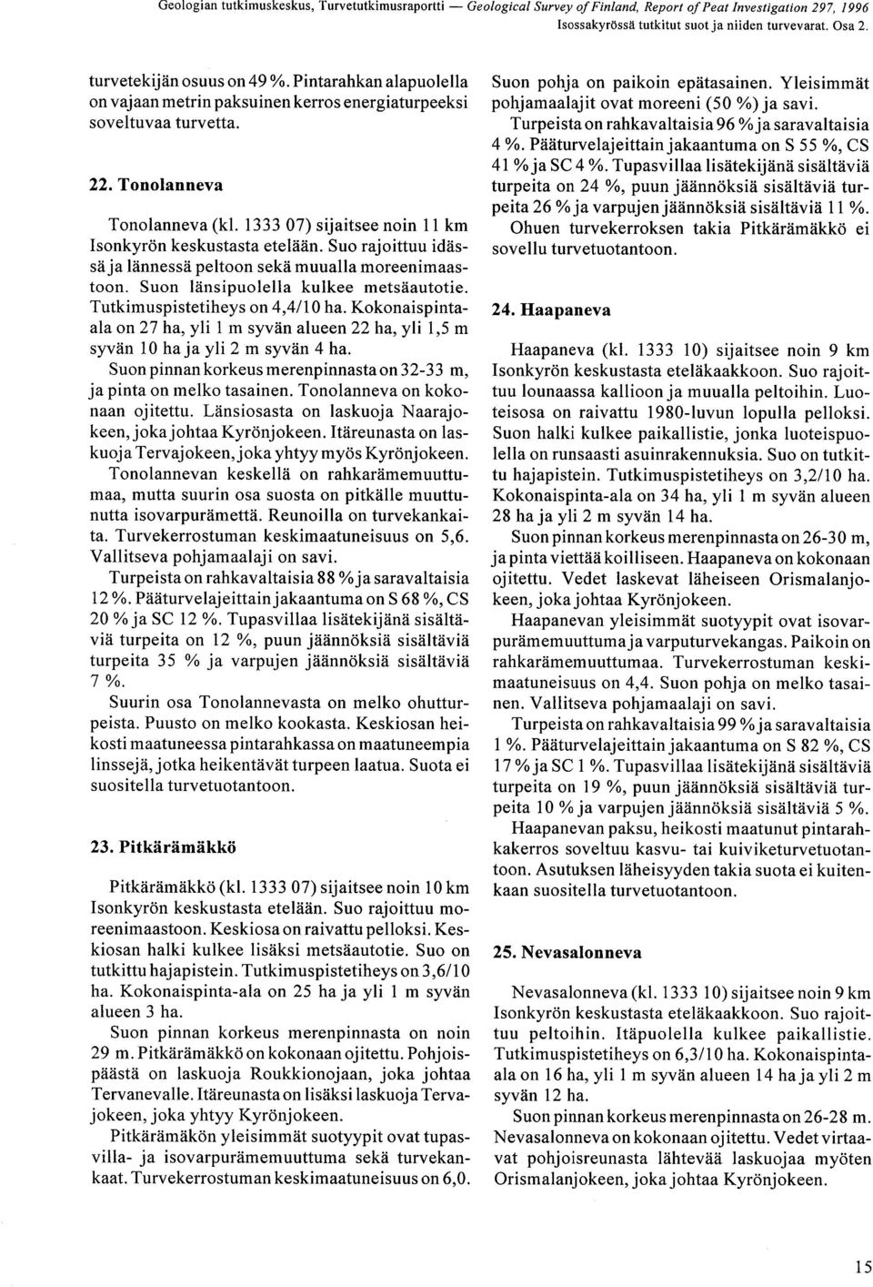 Tutkimuspistetiheys on 4,4/10 ha. Kokonaispintaala on 27 ha, yli 1 m syvän alueen 22 ha, yli 1,5 m syvän 10 haja yli 2 m syvän 4 ha.