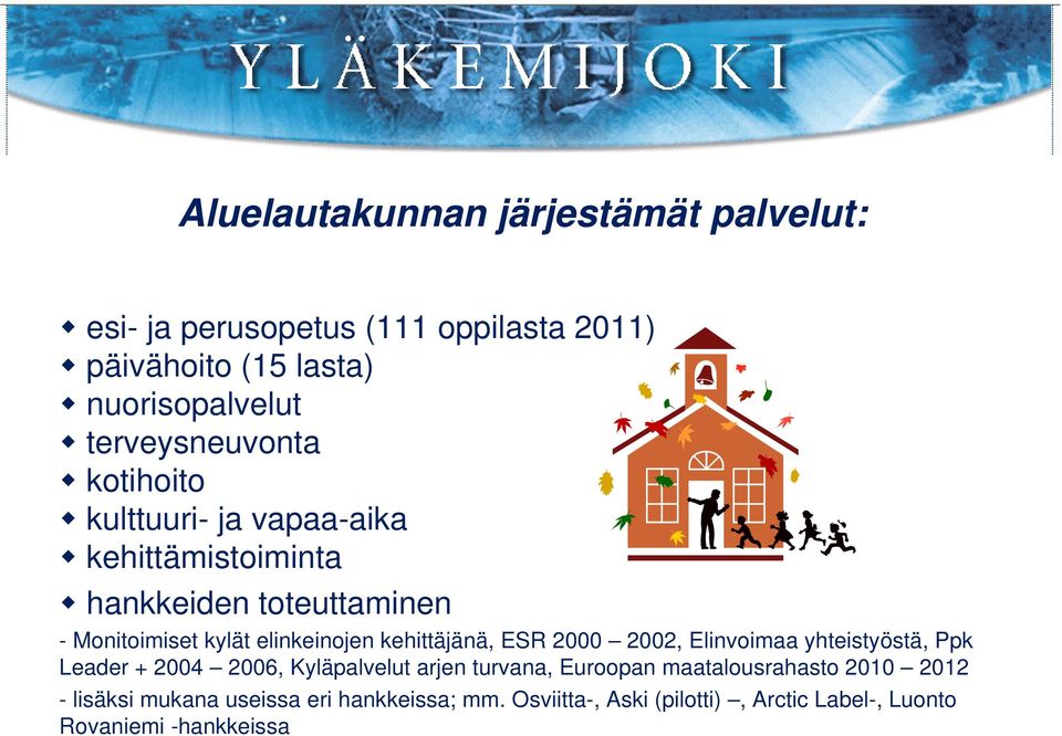 elinkeinojen kehittäjänä, ESR 2000 2002, Elinvoimaa yhteistyöstä, Ppk Leader + 2004 2006, Kyläpalvelut arjen turvana,