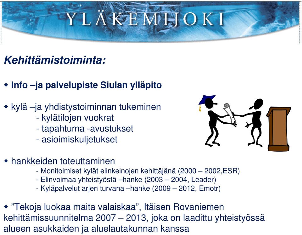 Elinvoimaa yhteistyöstä hanke (2003 2004, Leader) - Kyläpalvelut arjen turvana hanke (2009 2012, Emotr) Tekoja luokaa maita